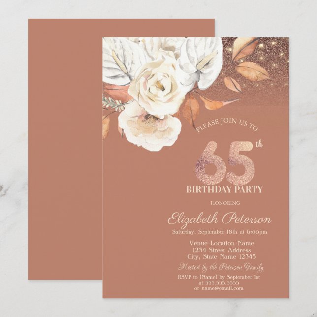 Autumn Flowers Lights Glitter 65th Birthday Invitation (Front/Back)