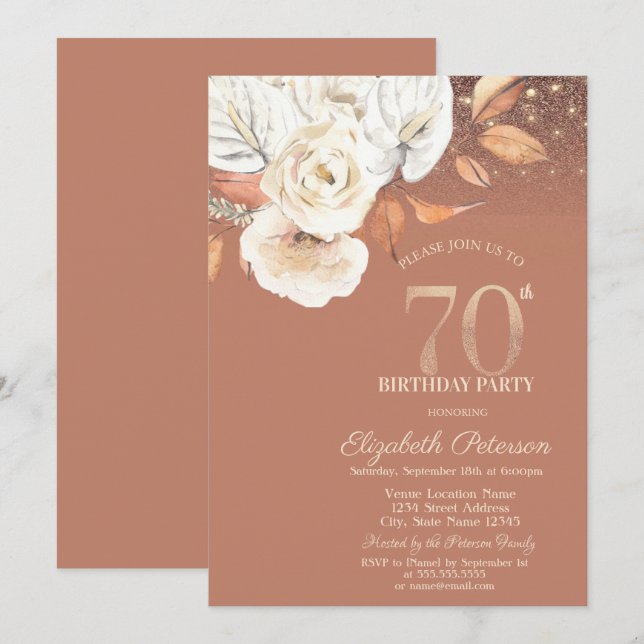 Autumn Flowers Lights Glitter 70th Birthday Invitation (Front/Back)