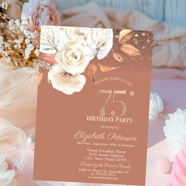 Autumn Flowers Lights Glitter 75th Birthday Invitation (Creator Uploaded)