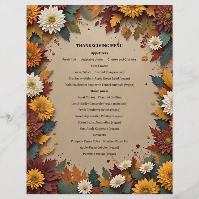 Autumn Flowers Menu Invitation Letterhead (Front)