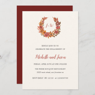 Autumn Flowers Monogram Elegant Engagement Party  Invitation