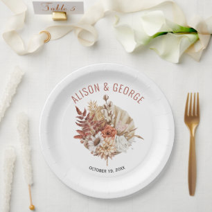 Autumn flowers, palm leaf terracotta fall wedding paper plates