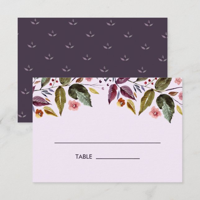 Autumn Flowers Plum Wedding Table Place Card (Front/Back)