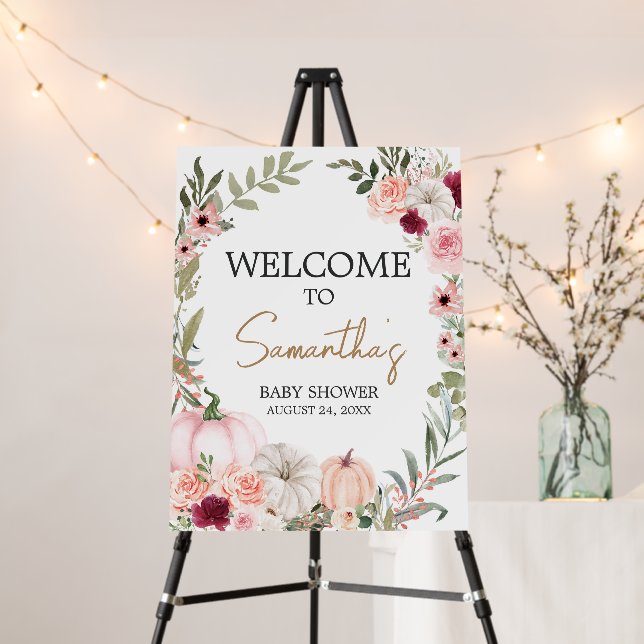 Autumn Flowers Pumpkin Baby Shower Welcome Sign (In Situ (Stand))