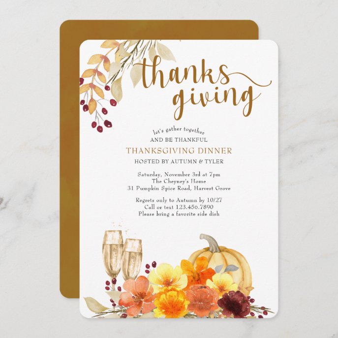 Autumn Flowers Pumpkin Wine Thanksgiving Dinner Invitation