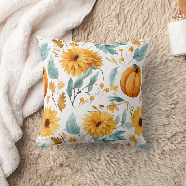 Autumn Flowers Pumpkins and Leaves Pattern Throw Pillow (Blanket)