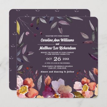 Autumn Flowers Watercolor Plum Wedding  Invitation by YourWeddingDay at Zazzle