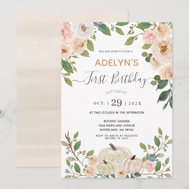 Autumn Flowers White Pumpkin 1st Birthday  Invitation (Front/Back)