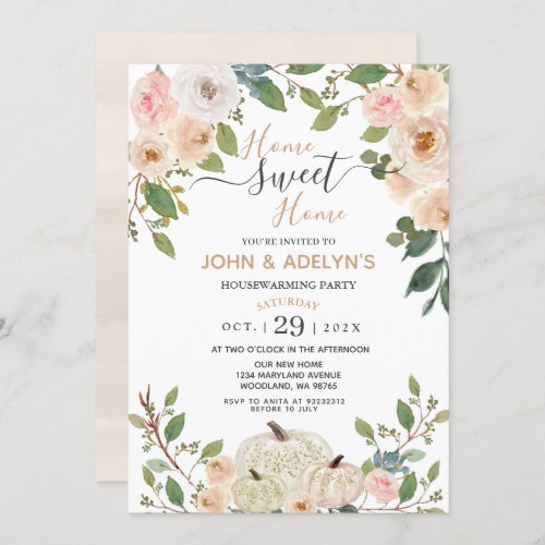 Autumn Flowers White Pumpkin Home Sweet Home Party Invitation