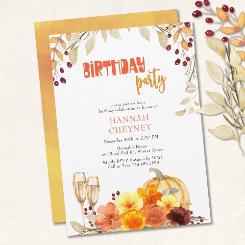 Autumn Flowers Wine Pumpkin Fall Birthday Party Invitation