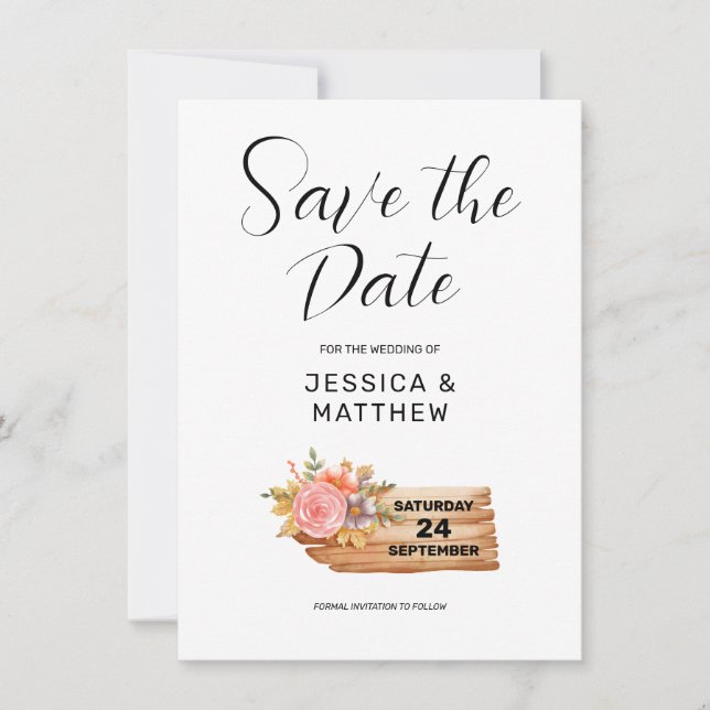 Autumn Flowers & Wood Sign Save The Date (Front)