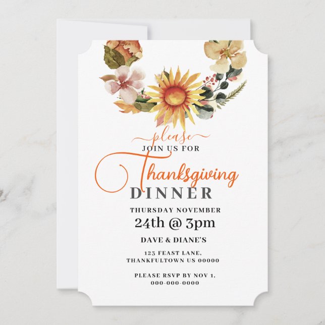 Autumn Flowers Wreath Thanksgiving Dinner Invitation (Front)