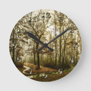 Autumn Fog in the Forest Round Clock