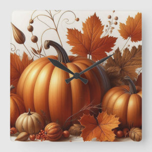 Autumn Foliage and Pumpkins Square Wall Clock
