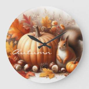 Autumn Foliage, Chestnuts,Pumpkins and a Squirrel  Large Clock