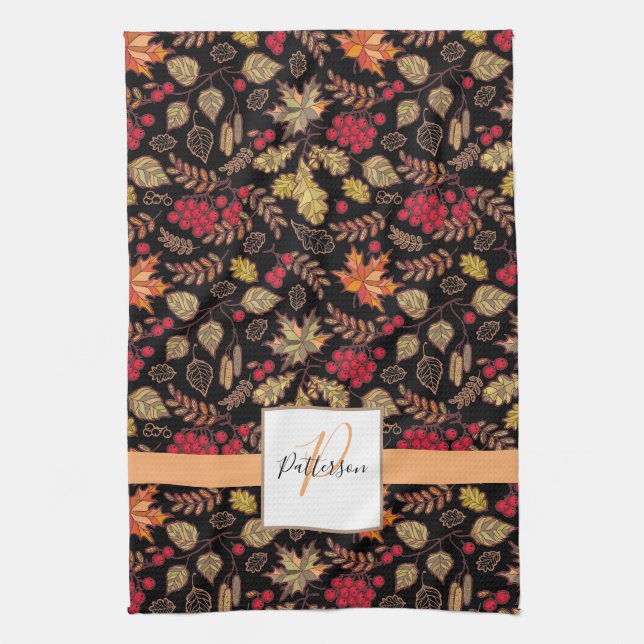 Autumn Foliage Family Name Kitchen Towel (Vertical)