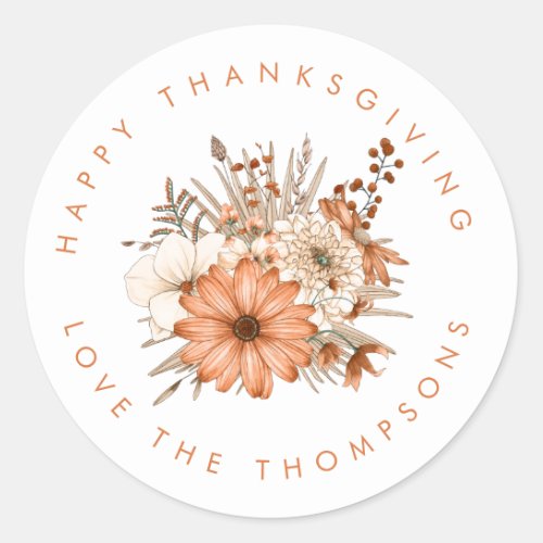 Autumn Foliage Florals Name Happy Thanksgiving Classic Round Sticker