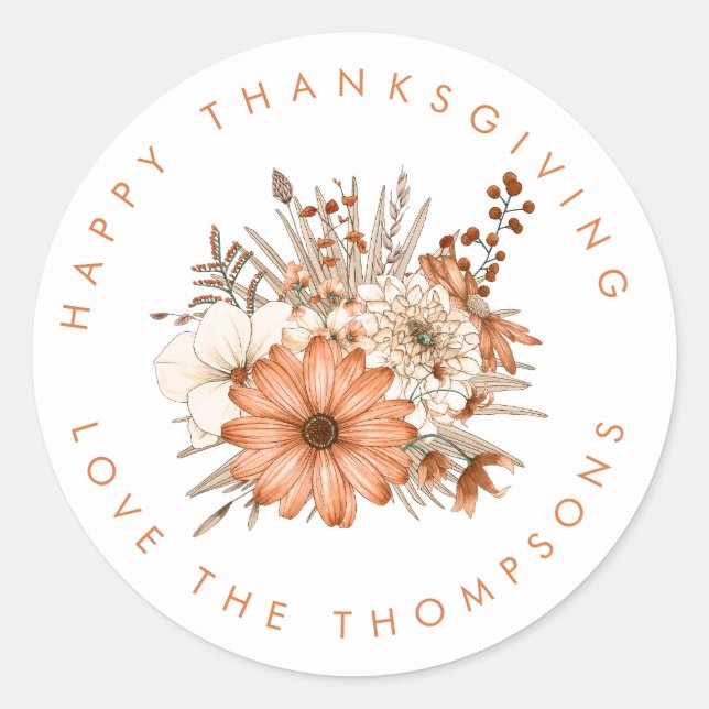 Autumn Foliage Florals Name Happy Thanksgiving Classic Round Sticker (Front)