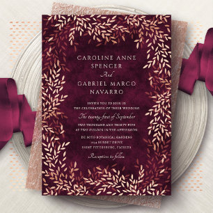 Autumn Foliage Leaves Burgundy Wedding Foil Invitation