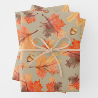 Autumn Foliage - Orange Leaves and Acorns Wrapping Paper Sheets