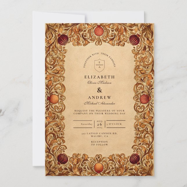 Autumn Foliage Pomegranate Wedding Invitation (Front)