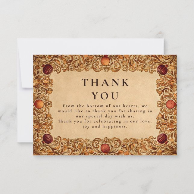 Autumn Foliage Pomegranate Wedding Thank You Card (Front)