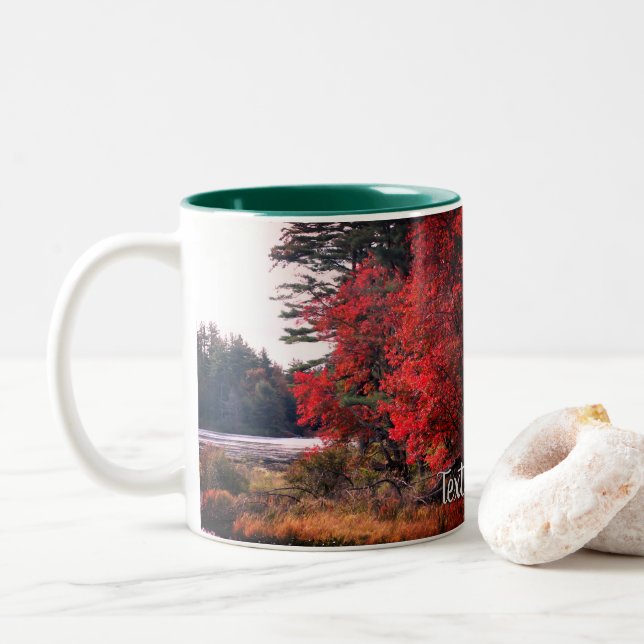 Autumn Foliage Pond Nature Personalized Two-Tone Coffee Mug (With Donut)