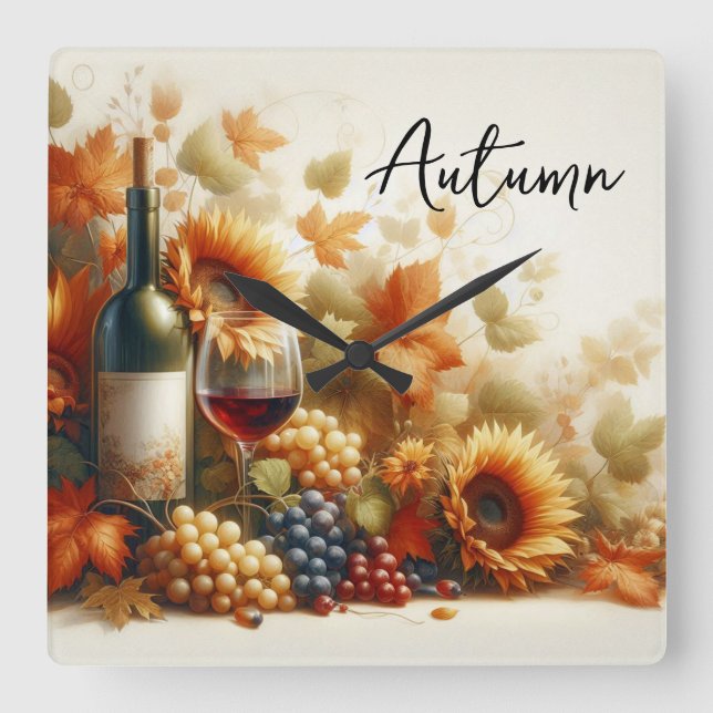 Autumn Foliage, Sunflowers, Wine and Grapes Square Wall Clock (Front)