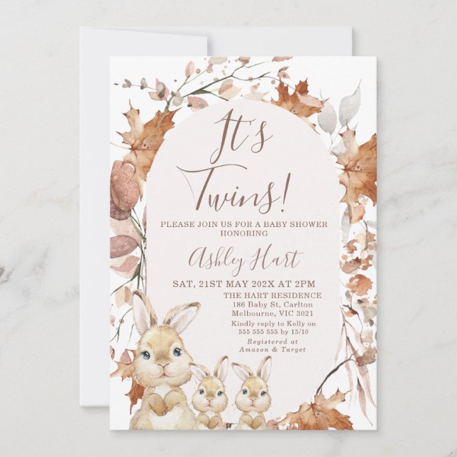 Autumn Foliage Twins Bunny Kittens Baby Shower Invitation (Front)