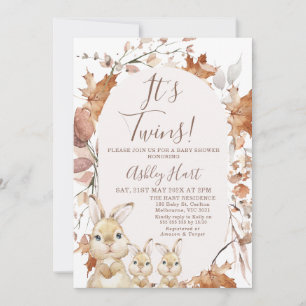 Autumn Foliage Twins Bunny Kittens Baby Shower Invitation