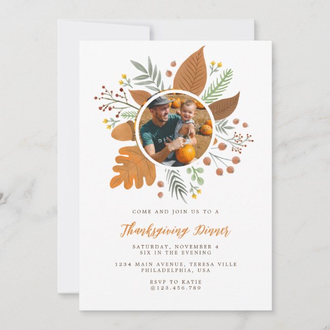 Autumn Foliage Wreath Thanksgiving Dinner Photo Invitation (Front)