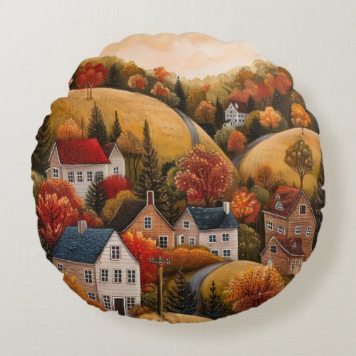 Autumn Folk Art Oil Painting Round Cushion