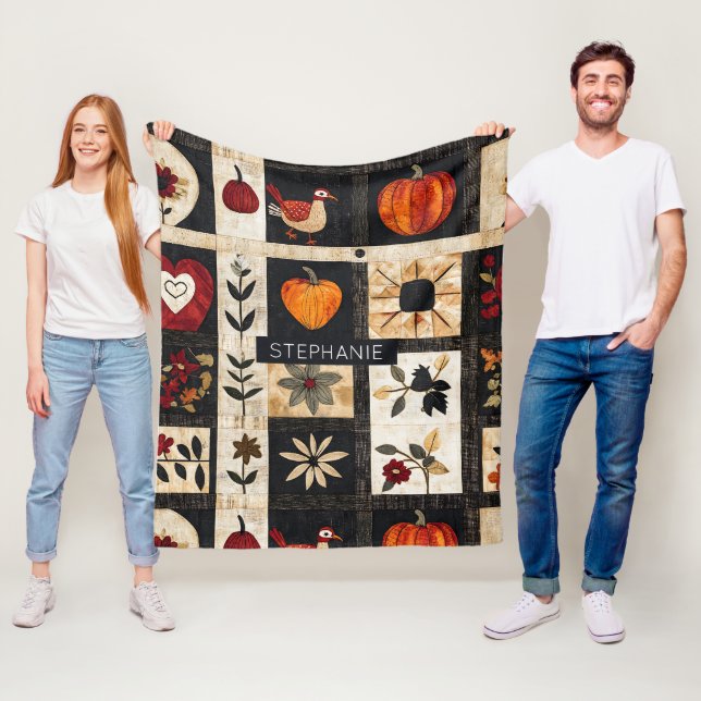 Autumn Folk Art Quilt Pattern | Rustic Botanical Fleece Blanket (In Situ)