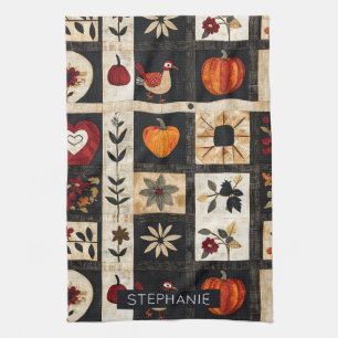 Autumn Folk Art Quilt Pattern   Rustic Botanical Kitchen Towel