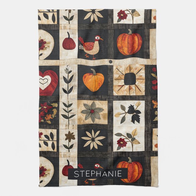 Autumn Folk Art Quilt Pattern | Rustic Botanical Kitchen Towel (Vertical)