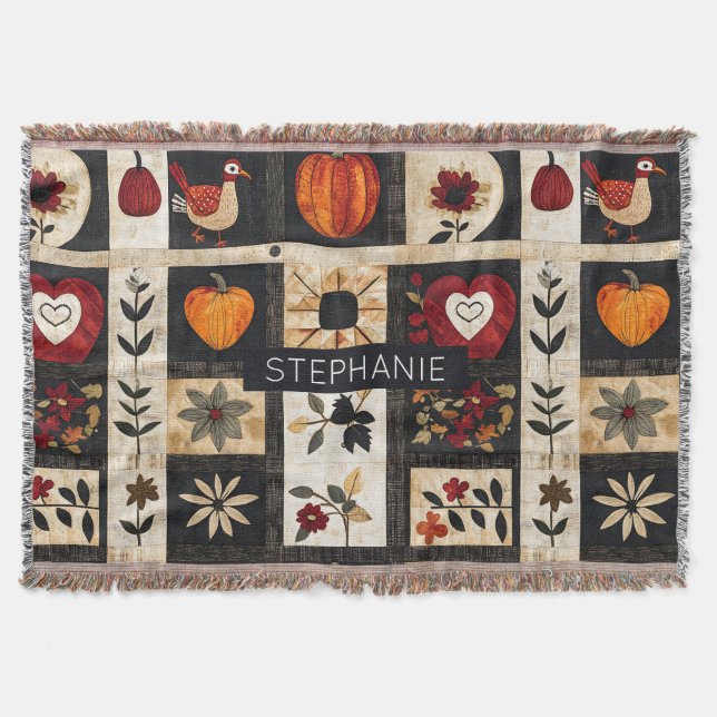 Autumn Folk Art Quilt Pattern | Rustic Botanical Throw Blanket (Front)