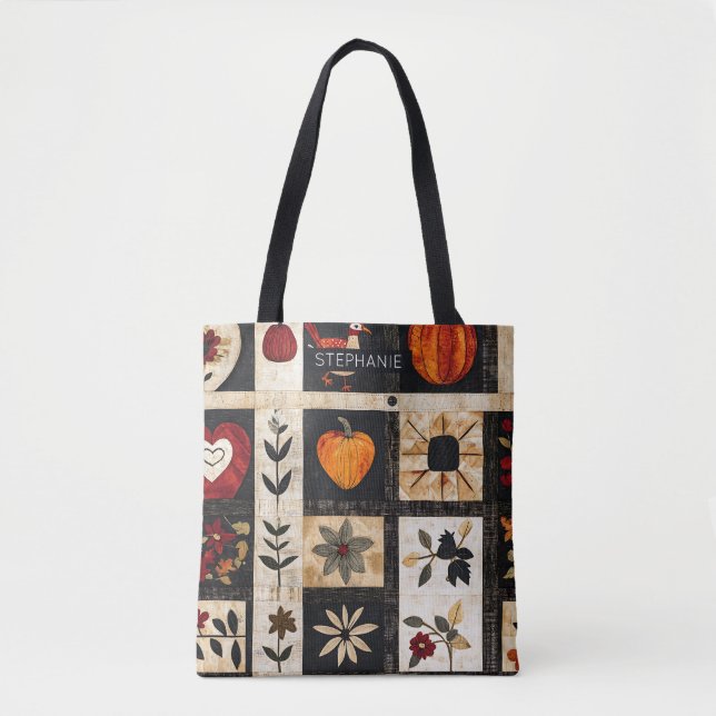 Autumn Folk Art Quilt Pattern | Rustic Botanical Tote Bag (Front)