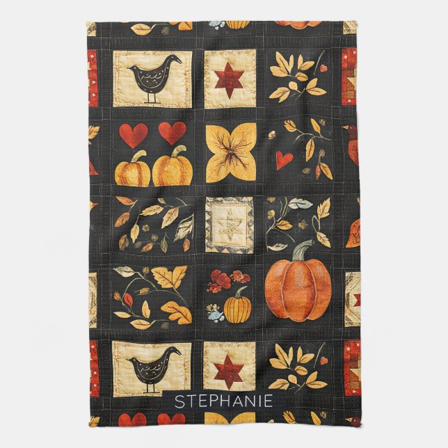 Autumn Folk Art Quilt Pattern | Rustic Patchwork Kitchen Towel (Vertical)