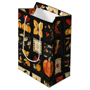 Autumn Folk Art Quilt Pattern   Rustic Patchwork Medium Gift Bag