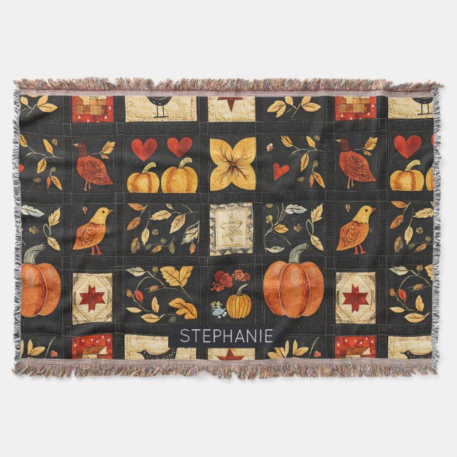 Autumn Folk Art Quilt Pattern | Rustic Patchwork Throw Blanket (Front)
