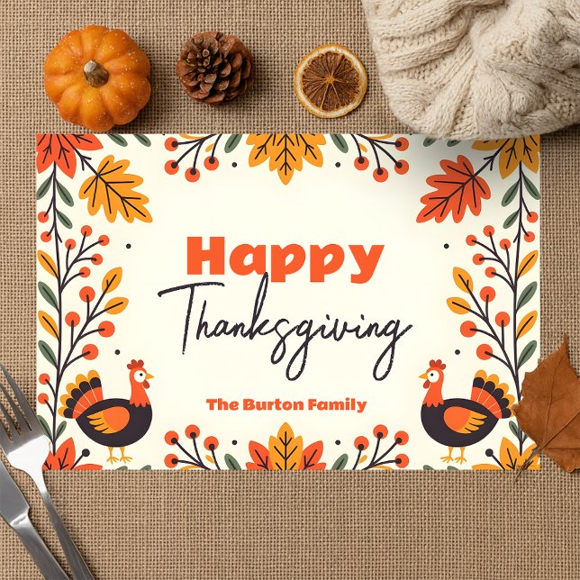 Autumn Folk Art Turkey Thanksgiving Paper Placemat (Creator Uploaded)