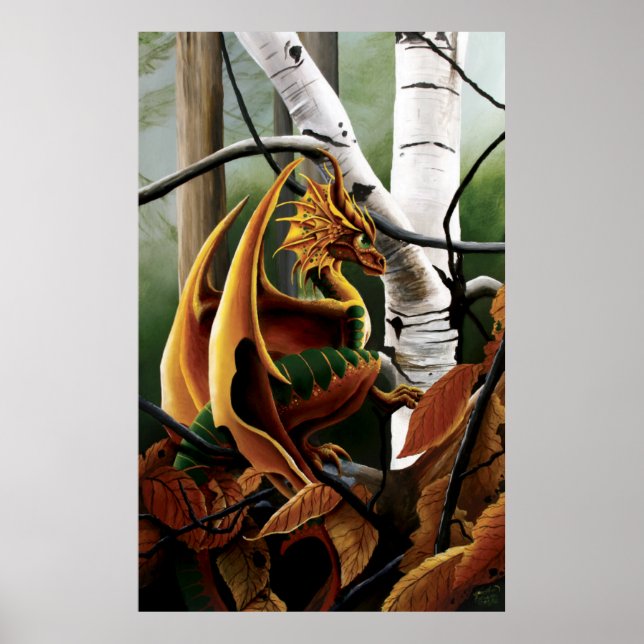 Autumn Forest Amber Dragon Birch Trees Fantasy Poster (Front)