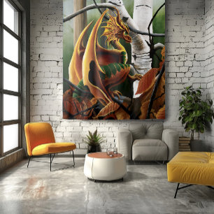 Autumn Forest Amber Dragon Birch Trees Fantasy Tapestry