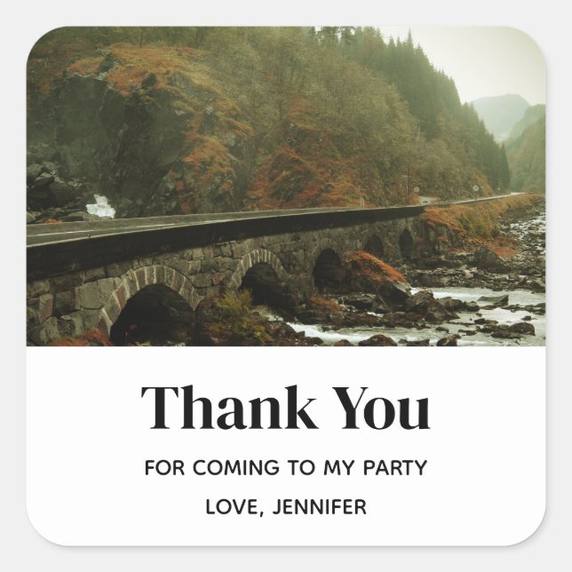 Autumn Forest and River Landscape Party Thank You Square Sticker (Front)