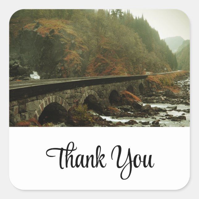 Autumn Forest and River Landscape Thank You Square Sticker (Front)