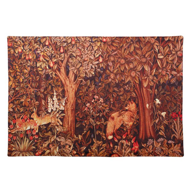 AUTUMN FOREST ANIMALS Hares,Fox,Brown Red Floral Cloth Placemat (Front)