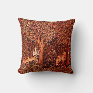 AUTUMN FOREST ANIMALS Hares,Fox,Red Brown Floral Throw Pillow