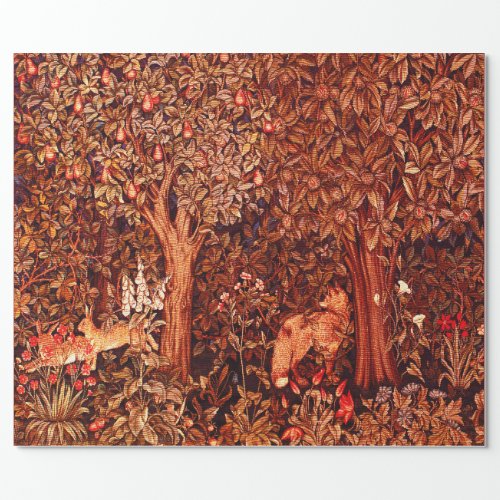 AUTUMN FOREST ANIMALS HaresFoxRed Brown Floral Wrapping Paper