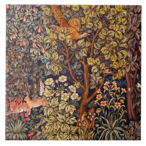 AUTUMN FOREST ANIMALS HaresPheasantBrown Floral  Ceramic Tile