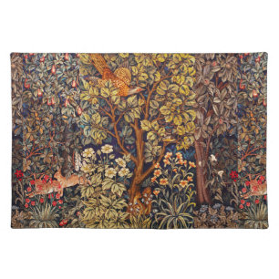 AUTUMN FOREST ANIMALS Hares,Pheasant,Brown Floral Cloth Placemat